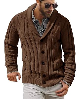 Beotyshow Men's Shawl Collar Cardigan Sweater Slim Fit Cable Knit Button Down Black Merino Wool ...