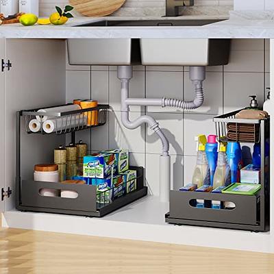 Household Essentials Narrow Sliding Cabinet Organizer, Two Tier Organizer,  Matte Black, Great for Slim Cabinets in Kitchen, Bathroom and More, 5