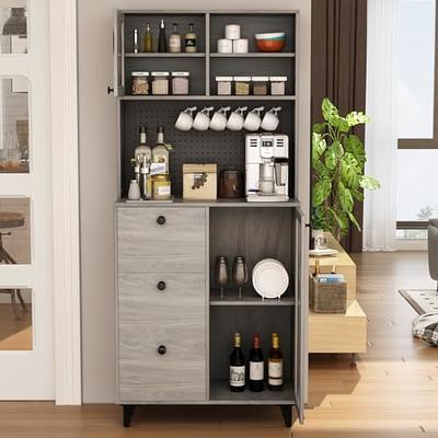 YITAHOME Farmhouse Bar Cabinet for Liquor and Glasses, Dining Room Kitchen Cabinet with Wine Rack, Upper Glass Cabinet, Open Storage Shelves for