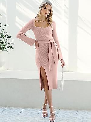 ANRABESS Womens Sweater Dress 2023 Fall Long Sleeve Square Neck Ribbed Knit  Side Split Tie Waist Slim Fitted Casual Clothes Outfits Midi Bodycon  Sweater Dress 612fense-XL Pink - Yahoo Shopping
