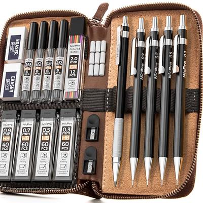  Nicpro 6 PCS Art Mechanical Pencils Set, Black Metal Drafting  Pencil 0.3, 0.5, 0.7, 0.9 mm & 2PCS 2mm Graphite Lead Holder(4B 2B HB 2H)  For Writing Sketching Drawing With