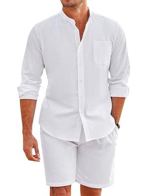 COOFANDY Mens White Beach Shirt And Shorts Casual Long Sleeve V