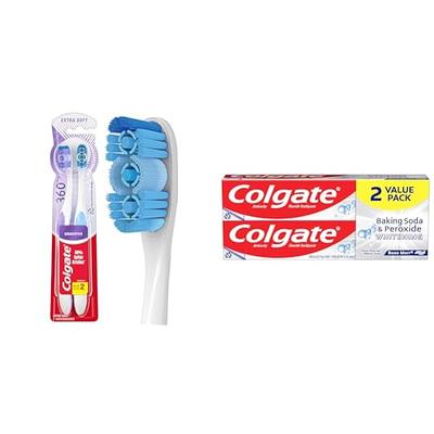 Colgate 360 Extra Soft Toothbrush for Sensitive Teeth and Gums with Tongue  and Cheek Cleaner, 2 Pack