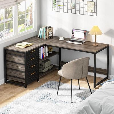 FUFU&GAGA 55.1 in. Width L-Shaped Brown Wooden 3-Drawer Commercial Desk, Computer Desk, Writing Desk with Shelves Storage