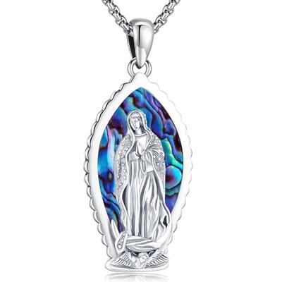 Sterling Silver Cuban Link Framed Virgen de Guadalupe Oval Medallion Pendant  Necklace (1.29