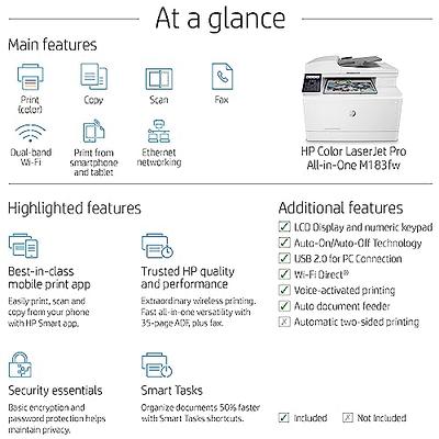 HP Color Laserjet Pro M183fw Wireless All-in-One Laser Printer, White -  Print Scan Copy Fax - 16 ppm, 600 x 600 dpi, Voice-Activated, 35-Page ADF,  Ethernet - Yahoo Shopping