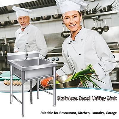 Free Standing Stainless-Steel Single Bowl, Commercial Restaurant Kitchen  Sink Set w/Faucet & Drainboard, Prep & Utility Washing Hand Basin  w/Workbench