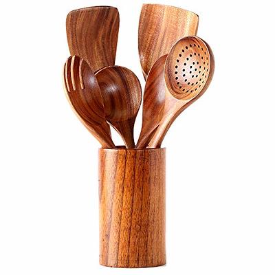 Wooden Kitchen Cooking Utensils Set, NAYAHOSE 7 Pcs Natural Teak Wooden  Spoons and Spatulas for Non-stick Pan