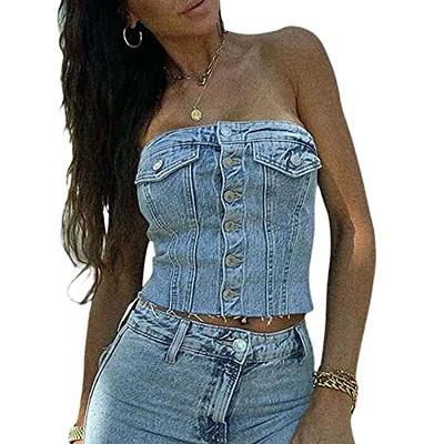 Sunloudy Women Denim Push Up Bustier Tube Top Strapless Button Up