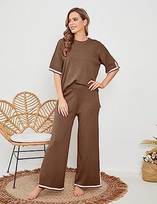 Faleave Womens Knit 2 Piece Sweater Sets Short Sleeve Pullover Tops Elastic  Waist Wide Leg Pants Lounge Set, Apricot, Small : : Clothing,  Shoes & Accessories