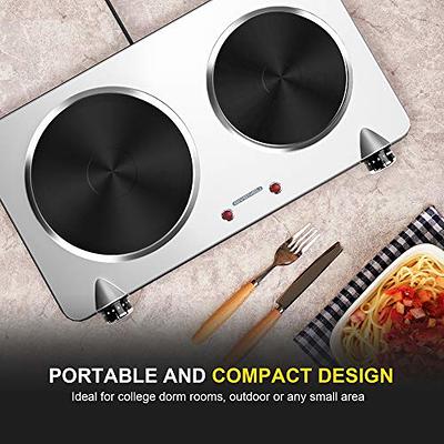 Electric Double Stovetop Hot Plate for Cooking 1800W 7.3/4 Glass Cast Iron Portable Stove Burners Cool Touch Handle Cooktop Keeps Food Warm