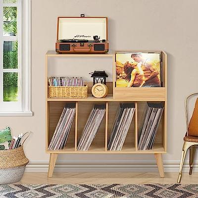 LELELINKY Record Player Stand,Vinyl Record Storage Table with 4 Cabinet Up to 100 Albums,Mid-Century Modern Turntable Stand with Wood Legs,Brown