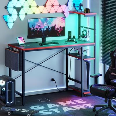 Bestier Reversible 44 inch Computer Desk with LED Lights Gaming Desk with 4  Tier Shelves Black
