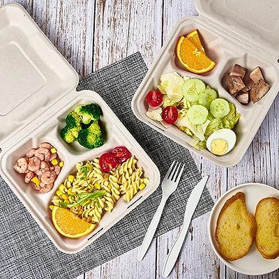 100% Compostable Clamshell Take Out Food Containers [8X8 3-Compartment 50-Pack]