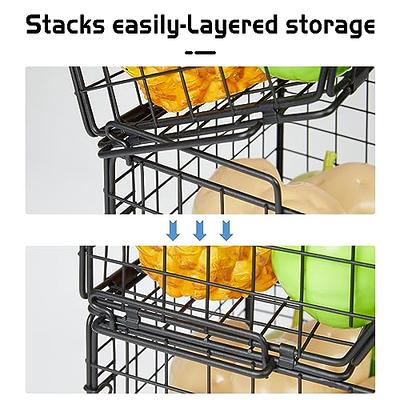  2 Set Stackable Wire Basket with Bamboo Top - Pantry, Kitchen  Counter Organization and Storage - Cabinet, Shelf, Countertop Space Saving  Organizing - Produce, Fruit, Onion, Potato, Bread Organizer Bin