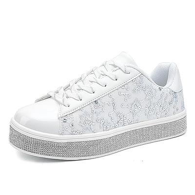 Qinpos Rhinestone Sneakers for Women Sparkle Tennis Shoes Glitter Bling  Sneakers Sparkly Sneakers Platform White Fashion Bedazzled Shoe Sequin