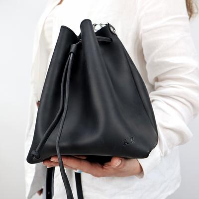 Black Shoulder Leather Handbags Adjustable Strap Unique Bucket