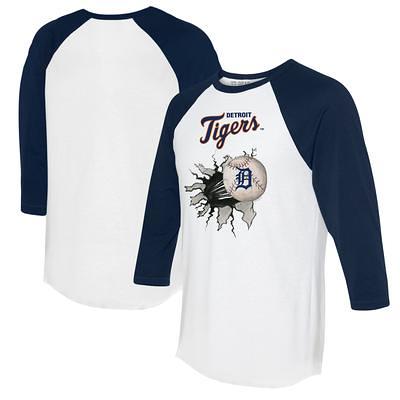 Women's Tiny Turnip White/Navy Atlanta Braves Peace Love Baseball 3/4-Sleeve Raglan T-Shirt