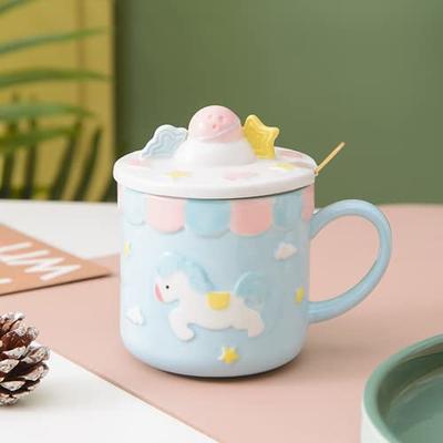 Ceramic Coffee Mug,Cute Cat Handmade Tea Cups, with Lid and Stainless Steel Spoon,Unique Hot Chocolate Novelty Mugs, Christmas, Birthday for Girls