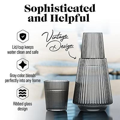 Elle Decor Ribbed 2-Piece Carafe Set Bedside Night Water Carafe, Glass  Pitcher and Cup that Doubles as a Lid Glass Tumbler, Gray