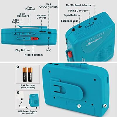 Walkman Cassette Player Recorder with AM FM, Portable Vintage Cassette Tape  Player with Earphone Jack,Built-in Microphone,Loud Speaker for