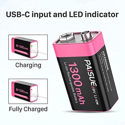 9V Lithium Battery, High Capacity 1300mAh,with 2 in 1 USB Charging Cable,  (2023 New Version) Rechargeable 9 Volt Square Batteries for Smoke