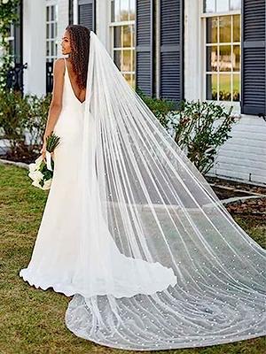 NCDIMS Newdeve Wedding Veils Cathedral Length 2 Tier Long Sequins Lace Edge Blusher with Comb