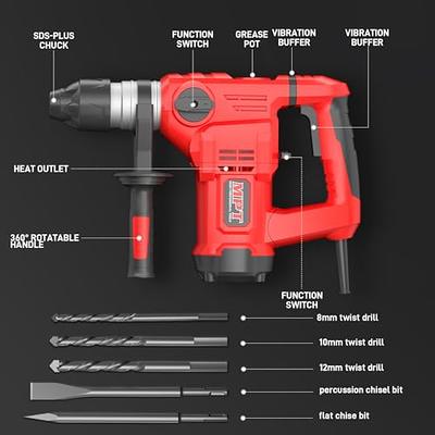 1-1/4 Inch SDS-Plus 13 Amp Heavy Duty Rotary Hammer Drill With Vibration  Control And Safety Clutch,32mm For Concrete Including 5 Drill Bits,Point