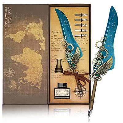 Feather Quill Pen and Ink Set - Calligraphy Pen Dip Set with Inkwell And  Stand - Quill Pen Set with 5 Stainless Steel Nibs for Writing Paper, Letter