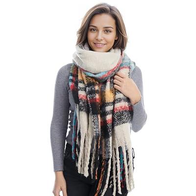 100 % Soft Wool Winter Neck Scarf Warm Soft Scarves Plaid Tassels Shawl  Stole for Ladies (Khaki)
