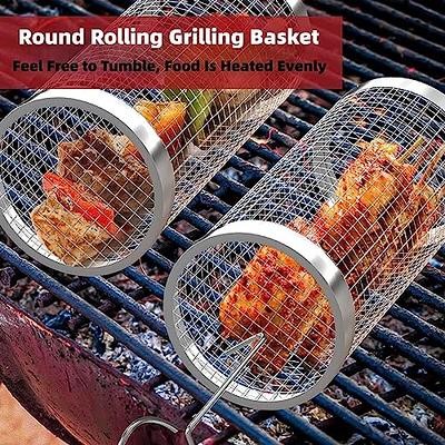 2PCS Rolling Grilling Baskets for Outdoor Grilling - Round Stainless Steel  Grill Basket Set for Outdoor Grill,Grill Accessories for Camping