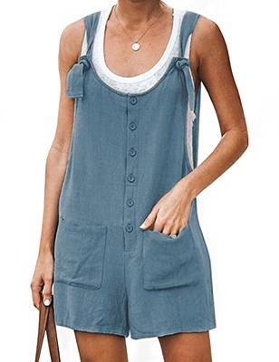 Summer Jumpsuit for Women Casual Solid Color Button Down Adjustable Straps  Wide Leg Shorts Romper Jumpsuit