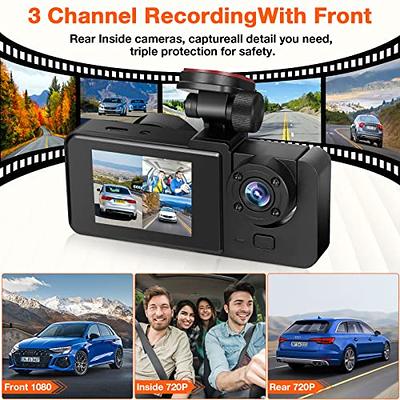 3 Channel Dash Cam, Front Inside and Rear 1440P+1080P+1080P Car Dashboard  Camera Recorder with IR Night Vision Triple Car Camera with Parking Mode