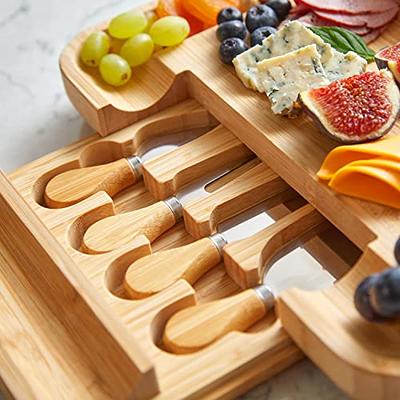 RoyalHouse Unique Bamboo Cheese Board and Knife Set with Slide-Out