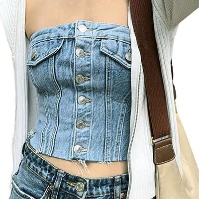 Sunloudy Women Denim Push Up Bustier Tube Top Strapless Button Up Corset  Off Shoulder Crop Top Streetwear(#A Blue b,M) - Yahoo Shopping