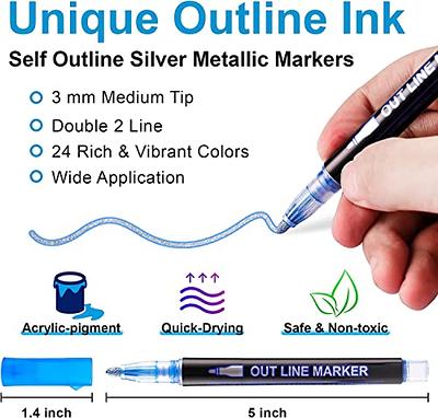 Shuttle Art shuttle art double line outline markers, 28 colors squiggles  shimmer markers set, self outline metallic marker pens for art