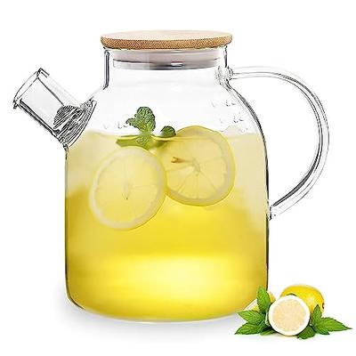 Glass Pitcher Stovetop Safe - Glass Carafe with Removable Filter Spout and Bamboo  Lid - Durable and Sturdy
