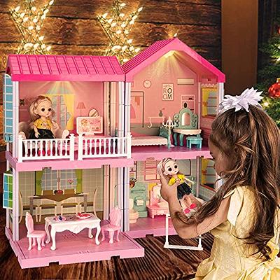 Dollhouse Dreamhouse Building Toy Set with 5 Lights,3 Dolls& 2 Pets  Princess Doll House and Furniture,Accessories,Stairway,Best STEM Pretend  Play Toys