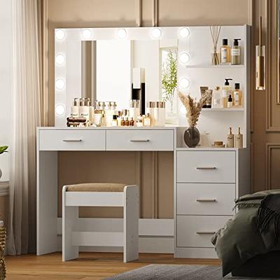 46.7 Makeup Vanity Table with Mirror, Vanity Desk with 5 Drawer, Bedroom Dressing Table, White Latitude Run