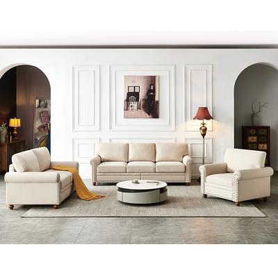 3 Seat Storage Sofa Couch with Armrest, Linen Fabric Sofa with Movable Seat  and Back Cushions, Leisure Sofa with Wooden Legs for Living Room Bedroom