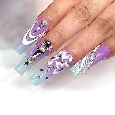 Flower Press on Nails Extra Long Rhinestones Nails with Purple