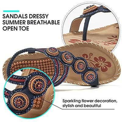 Womens Sandals Flats Shoes for Women Comfortable Walking Summer Gladiator  Bohemian Beaded Dress Shoe Elastic Ankle Strap Slip On Sandal : 