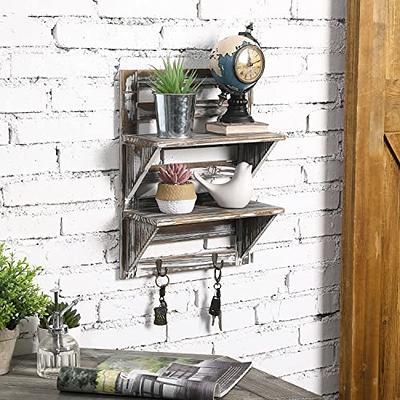 2 Tier Wall Mounted Torched Wood Bathroom Shelf Organizer with Hanging  Towel Bar