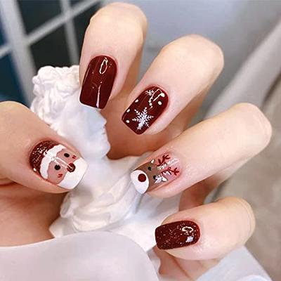 24pcs Short Press On Nails Almond White Bow And Snowflake Design Acrylic Gel  Fake Nails Kit