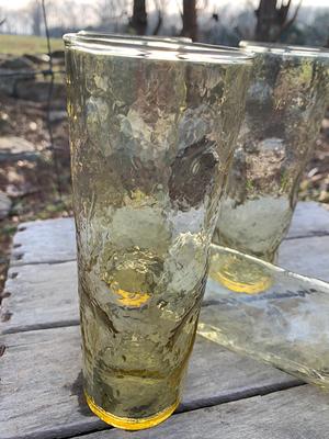 Vintage Glasses Tumblers Amber Yellow Gold Textured Bamboo Mid 