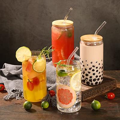 Drinking Glasses with Bamboo Lids and Glass Straw 4pcs Set-16oz