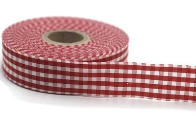 Gingham Check Ribbon in red and white printed on 7/8 white single face  satin