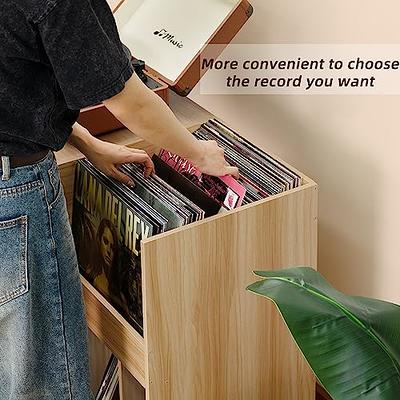 LELELINKY Record Player Stand,Vinyl Record Storage Table with 4 Cabinet Up to 100 Albums,Mid-Century Modern Turntable Stand with Wood Legs,Brown