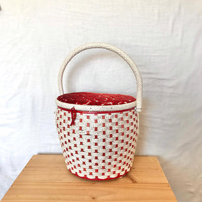 Vintage Wicker Sewing Basket Organizer White Red Storage With Lid