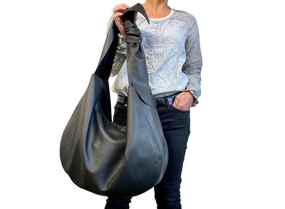 Slouch leather bag in dark gray. Grey suede hobo bag. Boho bag